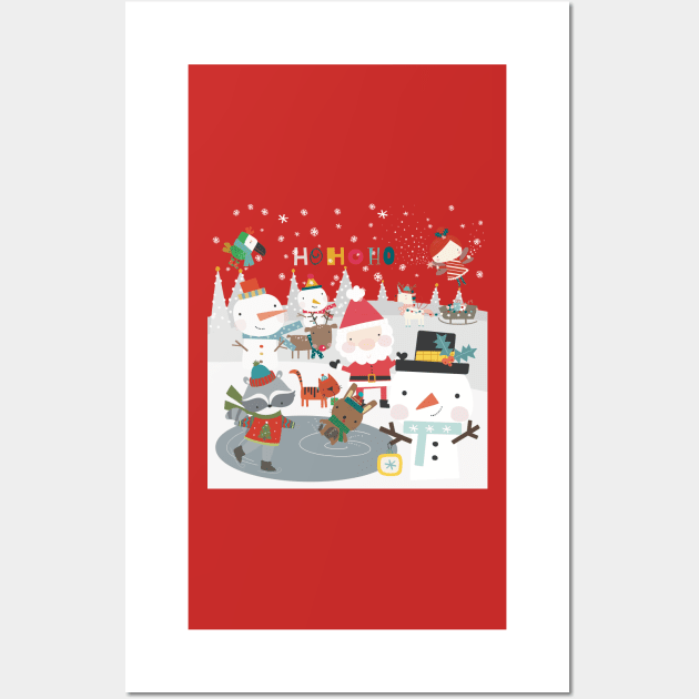 Fun greeting card with Santa and friends having a Christmas party outside Wall Art by marina63